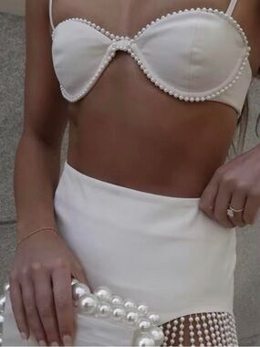 White Pearl-Trim Bandeau Top and High-Waist Skirt Set